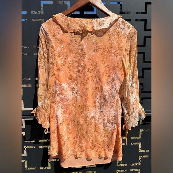 Y2K i e Orange Floral Silk Tunic Fairy Feminine Chiffon Ruffle Top Medium - Picture 8 of 13